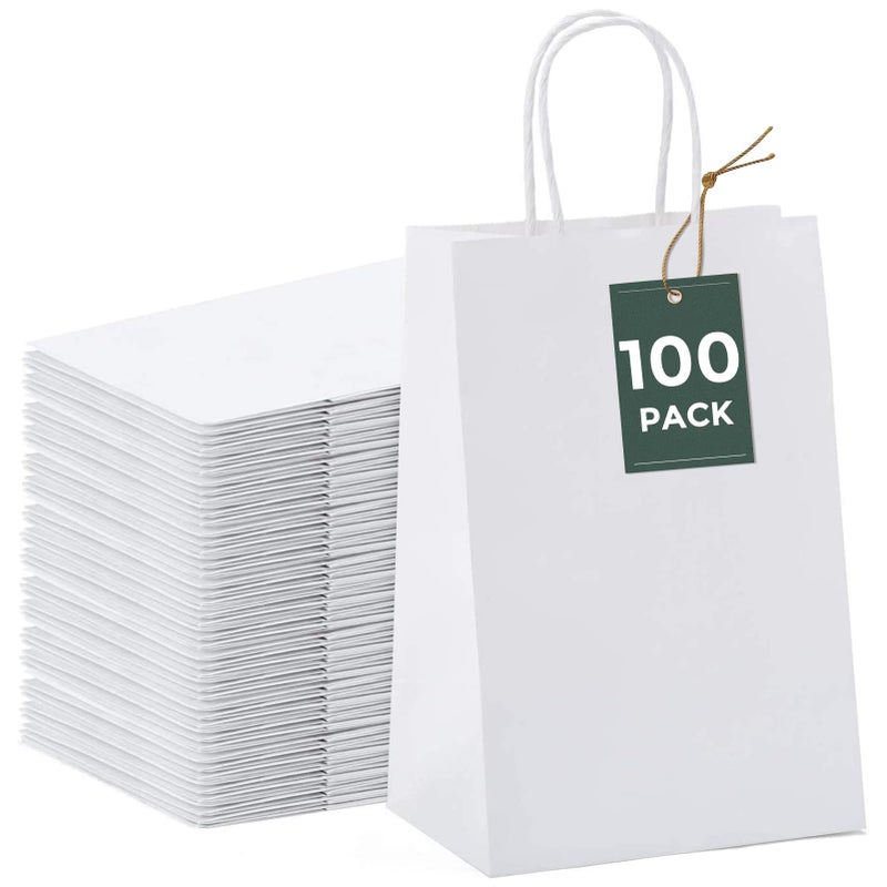 GSSUSA 100Pcs White Paper Bags  5.25x3.75x8 Small Gift Bags  Paper Bags with Handles Bulk  Bags for Small Business  Sturdy Kraft Paper Bags  Retail Shopping Bags  Party Favor Bags  Birthday Gift Bags - Image 1